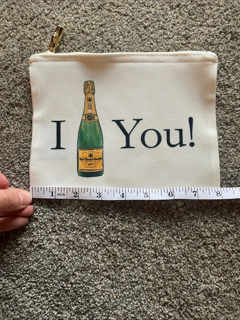NWOT I (Veuve) You! Canvas Pouch - White with Green & Gold Print